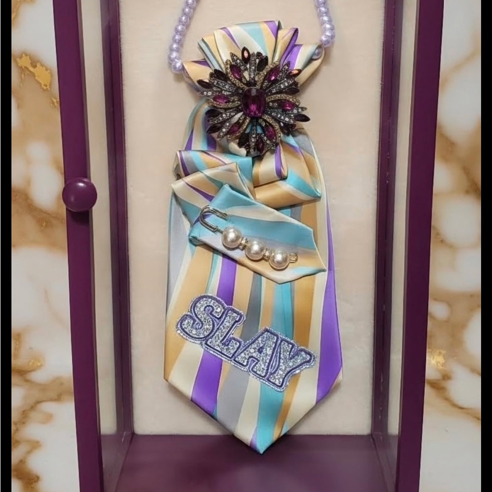 Purple and Pastel Striped Decorative Necktie Necklace with Brooch and Pearl